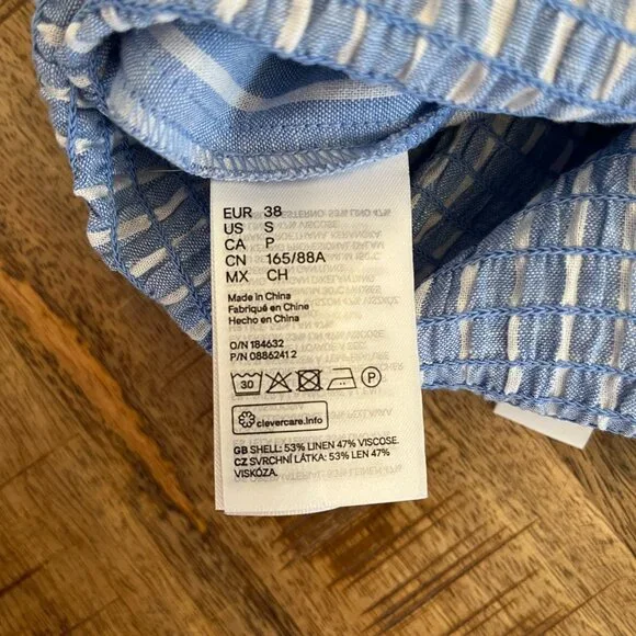 H&M Blue Striped Linen Blend Smocked Jumpsuit Small Beachy Coastal Nautical - Picture 7 of 13